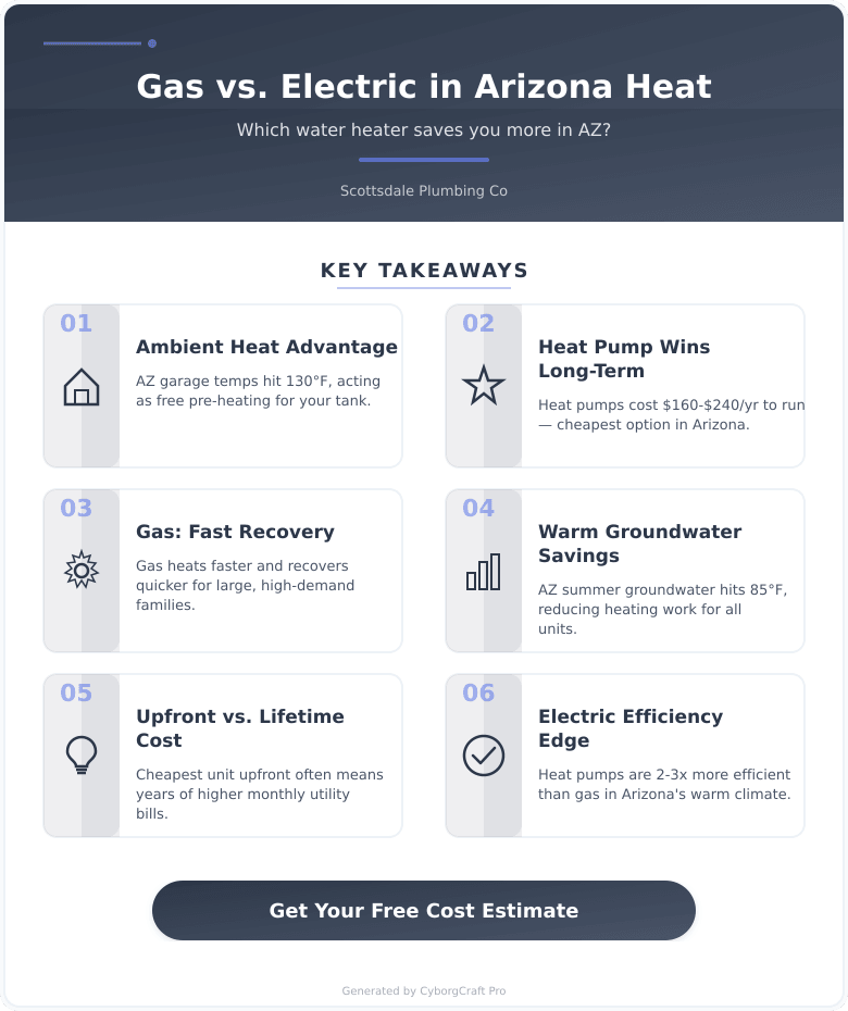 Infographic: Gas vs. Electric Water Heater in Arizona - Which One Is Cheaper to Run When Summer Temperatures Hit 115 Degrees? - Key concepts and takeaways